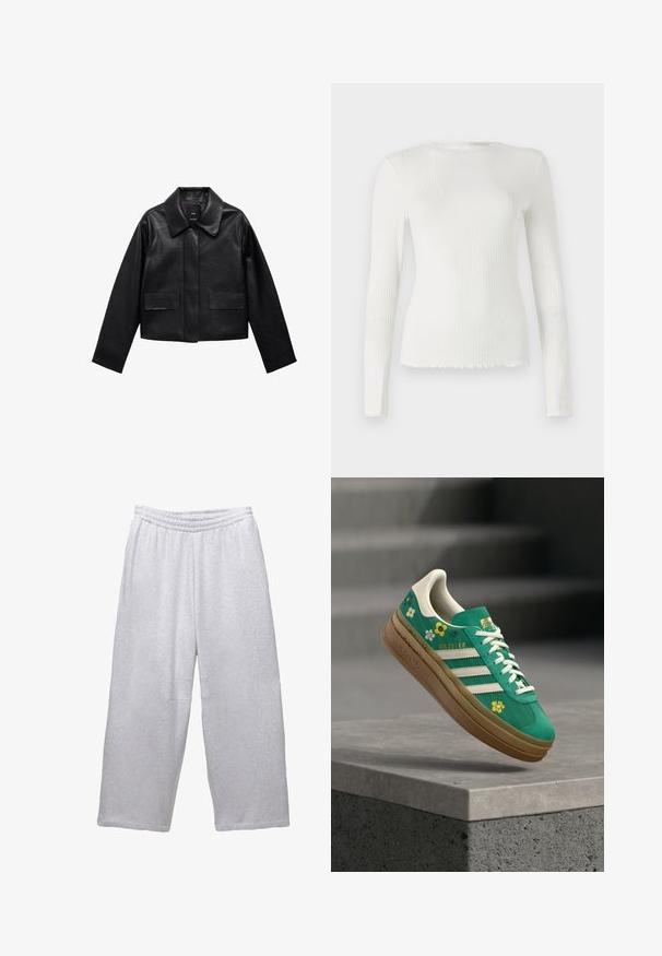 Musta lyhyt nahkatakki, jossa on kaulus, etupuolella napitus ja kaksi suurta läppätaskua. Sileä pinta ja muotoiltu rakenne.; TOM TAILOR DENIM WITH FRILL EDGE - Pitkähihainen paita - off white; Vaaleanharmaat leveälahkeiset collegehousut, joissa on joustava vyötärö ja ommellut saumat valkoista taustaa vasten.; Vihreä mokkanahkainen tennari, jossa valkoiset yksityiskohdat ja kelta-valkoiset kukkakuviot, sekä ruskeanvärinen kumipohja. Labelissa lukee "Gazelle".