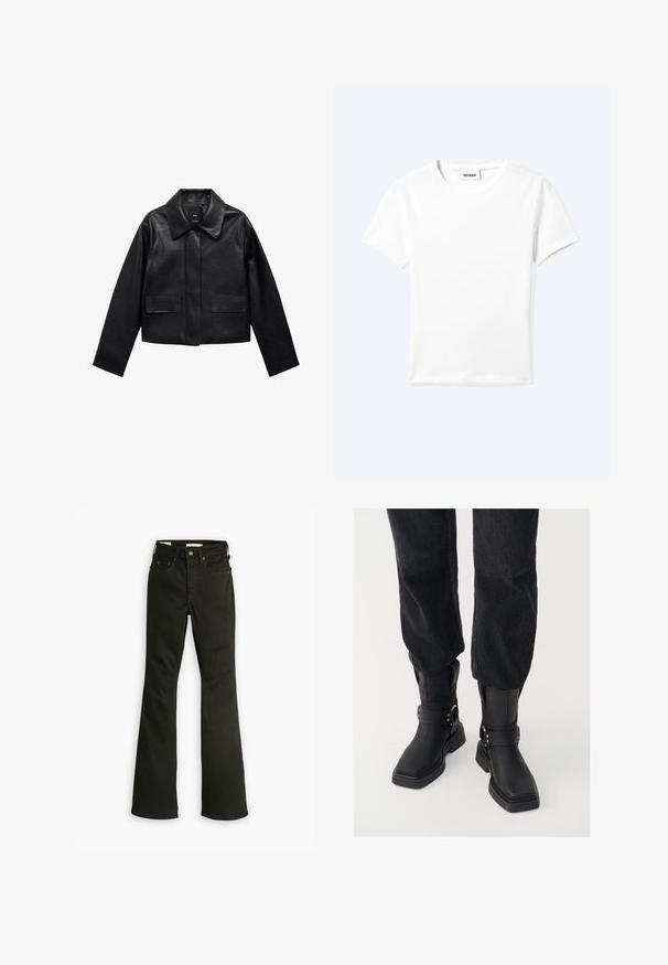Sort cropped læderjakke med krave, frontlukning med knapper og to store flaplommer. Glat tekstur og struktureret form.; Ensfarvet hvid t-shirt med korte ærmer og rund halsudskæring med en lille "WEEKDAY" label indeni halskanten, vist fladt på en lys baggrund.; Sorte flared jeans lavet af denim. Har et klassisk fem-lomme design med lynlås, kraftig syning og en ren kant.; Sorte læder ankelstøvler med firkantet tå, der har en bred rem og metallisk spænde detalje. Støvlerne har en chunky sål og en glat overflade.