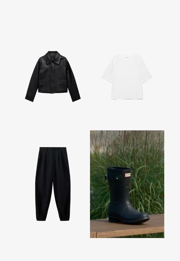 Schwarze, cropped Lederjacke mit Kragen, vorderem Knopfverschluss und zwei großen Klappentaschen. Glatte Textur und strukturierte Form.; Weißes, übergroßes T-Shirt mit kurzen Ärmeln und Rundhalsausschnitt, schlichtes Design und abgesenkte Schulternähte vor weißem Hintergrund.; Schwarze, hochgeschnittene, verjüngte Hose mit Falten am Bund und an den Bündchen sowie Seitentaschen, auf weißem Hintergrund gezeigt.; Schwarzer Gummiregenstiefel mit glänzender Oberfläche, ausgestattet mit einer silbernen Schnalle und einem Logo-Patch. Die Sohle ist strukturiert für besseren Halt.