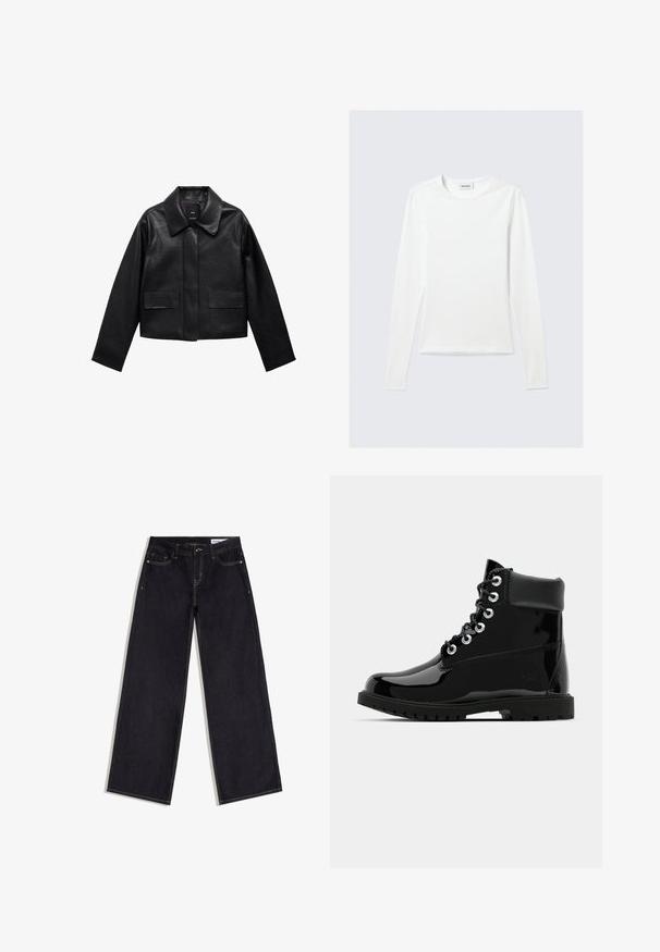 Sort cropped læderjakke med krave, frontlukning med knapper og to store flaplommer. Glat tekstur og struktureret form.; Langærmet, enkel hvid T-shirt med rund halsudskæring og tætsiddende pasform, vist mod en lysegrå baggrund.; Mørkeblå jeans med vide ben, forlommer, bæltestropper og kontrastsyninger, lagt fladt på en hvid baggrund.; Sorte skinnende ankelstøvler med en glat laklæderfinish, rund tå, seks snøreøjer og en robust gummisål.