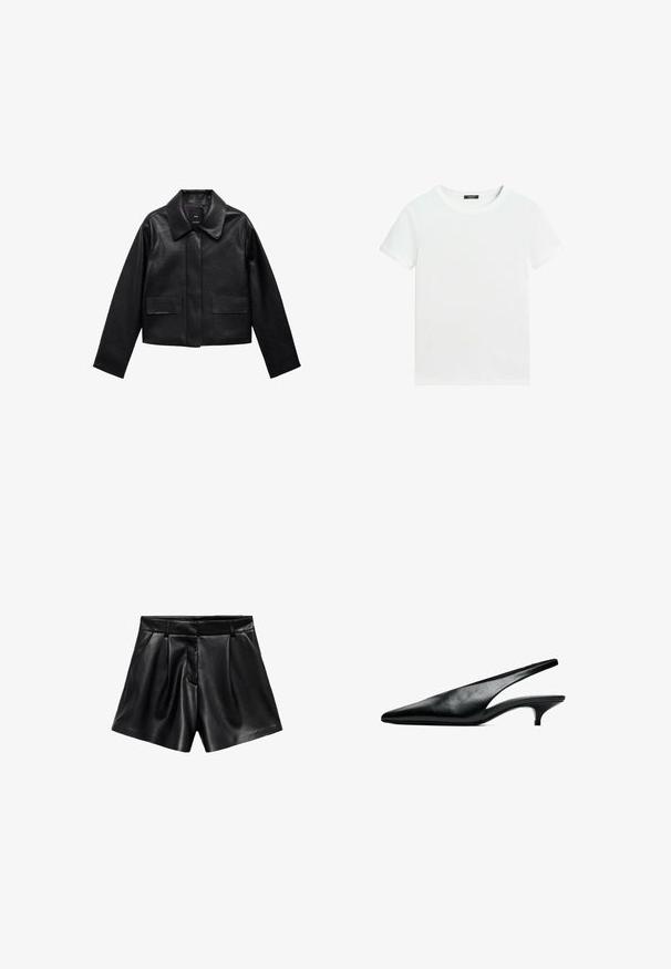 Sort cropped læderjakke med krave, frontlukning med knapper og to store flaplommer. Glat tekstur og struktureret form.; Almindelig hvid T-shirt med korte ærmer, rund halsudskæring og lille sort label inden i kraven.; Højtaljede shorts i sort kunstlæder med sidelommer, frontfolder, bæltestropper og en skjult lynlåslukning foran.; Sort læder slingback kitten heel sko med spids tå og lav buet hæl på hvid baggrund.