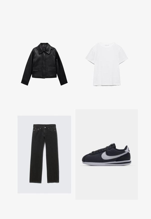 Sort cropped læderjakke med krave, frontlukning med knapper og to store flaplommer. Glat tekstur og struktureret form.; Hvid, kortærmet T-shirt med rund hals og lige kant, vist på en hvid baggrund.; Sorte straight-leg denim jeans med fem lommer, knaplukning og bæltestropper, vist fladt på en lys baggrund.; Sort atletisk sko med grå accenter, glat syntetisk overdel, tekstureret sål, afrundet tå og flade snørebånd. Klassisk design med logodetalje.