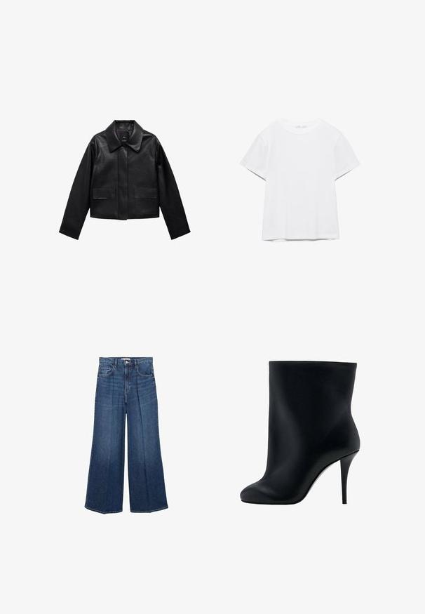 Sort cropped læderjakke med krave, frontlukning med knapper og to store flaplommer. Glat tekstur og struktureret form.; Hvid, kortærmet T-shirt med rund hals og lige kant, vist på en hvid baggrund.; Viddejeans i mørkeblå denim med høj talje, bæltesløjfer og klassisk fem-lomme design. Afsluttet med en ren kant.; Sort ankelstøvle lavet af glat syntetisk materiale med et tætsiddende design, rundet tå og en høj stiletthæl for ekstra højde.