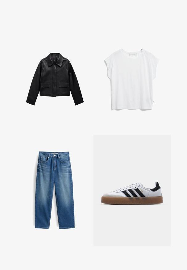 Zwart cropped leren jasje met een kraag, sluiting met voorste knopen en twee grote klepzakken. Vlotte textuur en gestructureerde vorm.; Witte T-shirt met korte mouwen en een ronde hals, gemaakt van zacht materiaal. Heeft een losse pasvorm en onafgewerkte randen bij de mouwen en zoom.; Blauwe denim spijkerbroek met een recht gesneden ontwerp, vijf zakken en lichte vervaging op de dijen. Beschikt over een knoopsluiting en riemlussen.; Witte leren sneakers met zwarte strepen, gumrubberen buitenzool, ronde neus, vetersluiting en een zachte grijze suède neuskap.