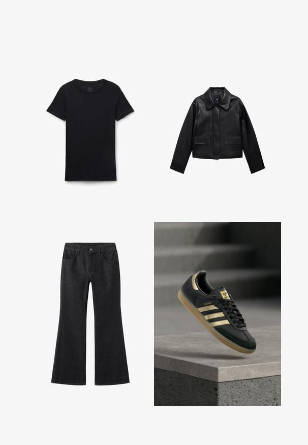 Sort cropped læderjakke med krave, frontlukning med knapper og to store flaplommer. Glat tekstur og struktureret form.; Sort t-shirt med korte ærmer og rund hals lagt fladt på hvid baggrund, der viser forfra og glat stoftekstur.; Sorte denim flared jeans med høj talje, fem lommen design, kontrast syninger og klassisk knaplukning.; Sort Adidas Samba-sneaker med gulstriber og gummisål, der svæver over en betongflade med slørede trapper i baggrunden.