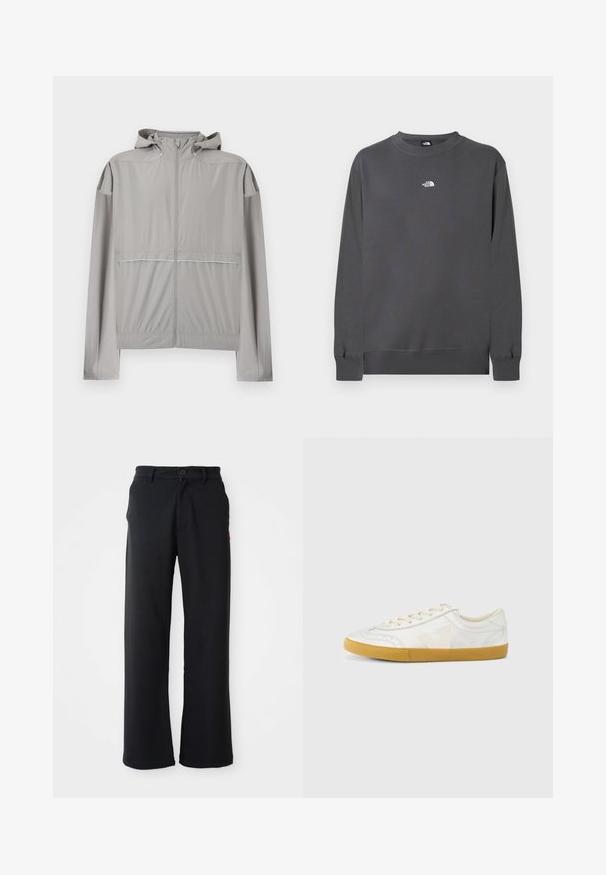 Veste coupe-vent à capuche gris clair avec fermeture éclair frontale et taille élastique, conçue pour une utilisation légère en extérieur.; Sweat-shirt gris en tissu mélangé coton, doté d'un col rond, de manches longues, de poignets côtelés et d'un petit logo blanc sur la poitrine.; Pantalon noir à jambe droite avec fermeture à bouton et zip, passants de ceinture et poches latérales, exposé sur un fond blanc.; Baskets en cuir blanc à texture lisse, avec un logo "V" beige, un bout rond, un design à lacets et une semelle en caoutchouc gomme.