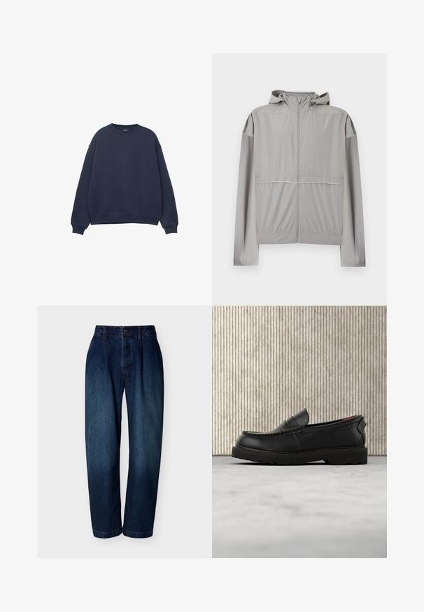 Svetlosivá vetrovka s kapucňou, predný zips a elastický pás, navrhnutá na ľahké vonkajšie nosenie.; Tmavo modrý crewneck sveter s dlhými rukávmi a rebrovanými manžetami a lemom, vystavený na bielom pozadí.; Tmavomodré džíny s vysokým pásom a rovnými nohavicami, zapínanie na gombík a zips, púzdra na opasok a jemné švy na bielom pozadí.; Čierny kožený mokasín s robustnou podrážkou a červeným vnútorným lemom, umiestnený vo vzduchu nad béžovým koberecom a blízko dreveného nábytku.