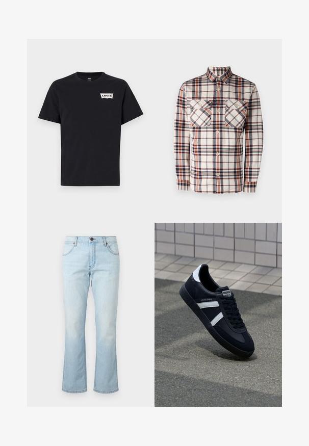 Langärmliges Karohemd in Creme-, Marine- und Rosttönen. Verfügt über zwei Brusttaschen und einen Button-Down-Kragen. Hergestellt aus einem strukturierten Stoff.; Schwarzes Baumwoll-T-Shirt mit kurzen Ärmeln, Rundhalsausschnitt und einem kleinen weißen Levi's-Logo auf der linken Vorderseite.; Hellblaue Denim-Jeans mit mittelhohem Bund, Knopf- und Reißverschluss, Vordertaschen und leicht ausgestellten Beinen.; Schwarze Leder-Sneaker mit weißen Streifen, strukturiertem Gummisohle und Schnürung. Verfügt über ein Markenetikett auf der Zunge.