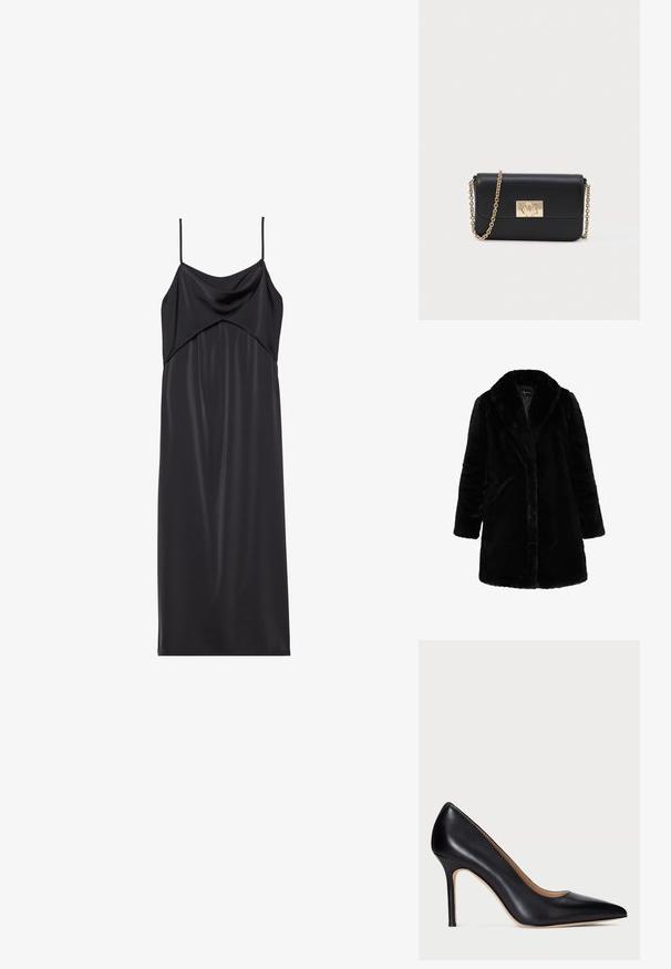 Sort kunstpels lang frakke med bred krave og lange ærmer, designet til koldt vejr.; Sort satin slip kjole med tynde spaghetti stropper, en draperet halsudskæring og en lige silhuet. Glat tekstur og minimalistisk design.; Sorte læder højhælede pumper med spids tå og en slank stiletto hæl. Den glatte tekstur og de minimale detaljer skaber et klassisk design.; Sort læder crossbody-pung med guld kædestrop og rektangulær guldspænde på forsiden, sat imod en ensfarvet lys baggrund.