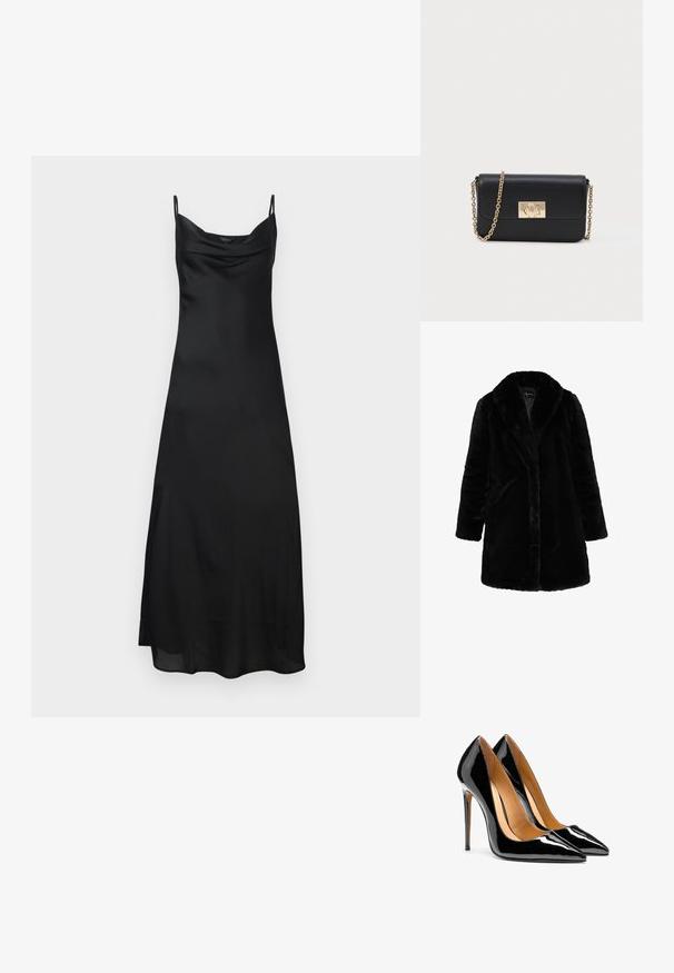 Abrigo largo de pelaje sintético negro con cuello ancho y mangas largas, diseñado para usar en climas fríos.; Vestido de satén negro sin mangas con tirantes finos, escote en cowl y una silueta fluida. La tela tiene una textura suave y brillante.; Par de tacones altos de charol negro brillante con punta afilada, tacones de aguja y forro interior color beige sobre fondo blanco.; Bolso de piel negra tipo bandolera con correa de cadena dorada y cierre rectangular dorado en la parte delantera, sobre un fondo claro y liso.