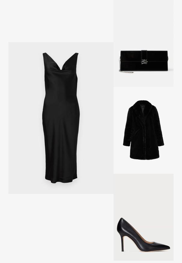 Schwarzer Kunstpelz-Langmantel mit weitem Kragen und langen Ärmeln, entworfen für kaltes Wetter.; Schwarzes Satin-Kleid mit V-Ausschnitt und ärmellosem Design. Die figurbetonte Passform zeichnet sich durch ein drapiertes Oberteil aus und reicht bis zur Mitte der Waden. Glatter Stoff.; Schwarze Leder-Pumps mit hohem Absatz, spitzem Schuhkopf und schlankem Stiletto-Absatz. Die glatte Textur und die minimalen Details verleihen ein klassisches Design.; Glänzende schwarze rechteckige Clutch mit silbernem Kettenriemen und silberner, ineinander verschlungener Initial-Schließe an der vorderen Klappe.
