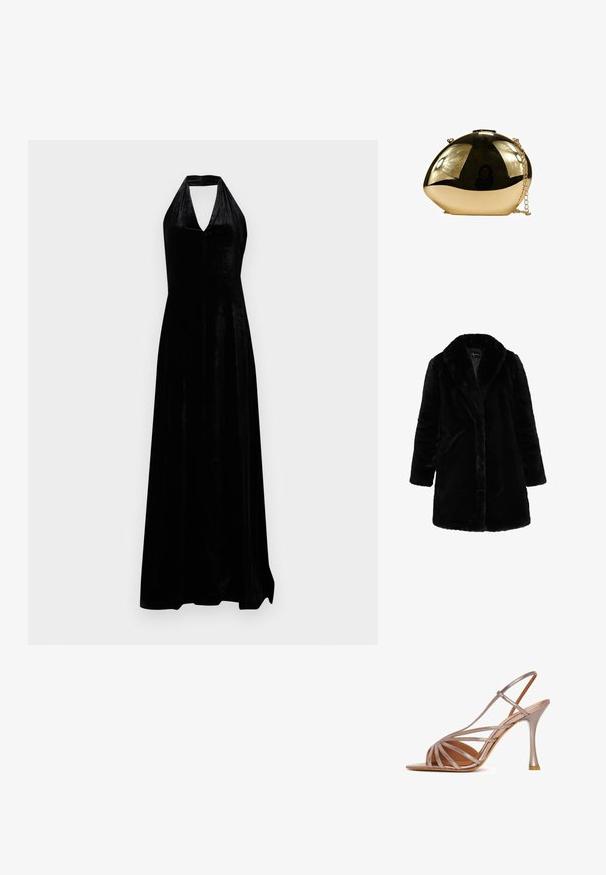 Abrigo largo de pelaje sintético negro con cuello ancho y mangas largas, diseñado para usar en climas fríos.; Vestido de noche negro de terciopelo con escote halter y pronunciado escote en V, y falda larga sobre un fondo blanco liso.; Sandalia de tacón alto en tono rosa dorado metálico con tiras, punta abierta, correa trasera y tacón delgado y afilado sobre fondo blanco.; Clutch de metal dorado brillante con forma abstracta redondeada y correa de cadena dorada adjunta sobre fondo blanco.