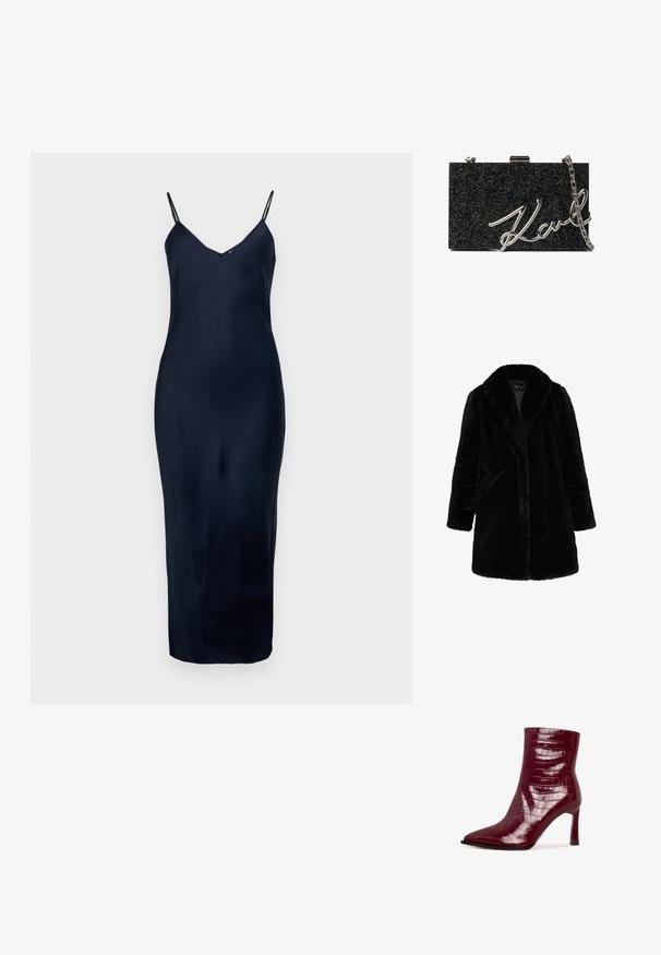 Abrigo largo de pelaje sintético negro con cuello ancho y mangas largas, diseñado para usar en climas fríos.; Vestido sin mangas de color azul marino, con tirantes finos, escote en V, textura suave y silueta ajustada, que llega a mitad de la pantorrilla.; Botín en charol burdeos brillante con textura de cocodrilo, punta afilada y un tacón alto esbelto. Acabado suave y diseño elegante.; Clutch negro con brillo, correa de cadena plateada y destacado diseño de script "Karl" en la parte frontal. Forma rectangular, textura suave.