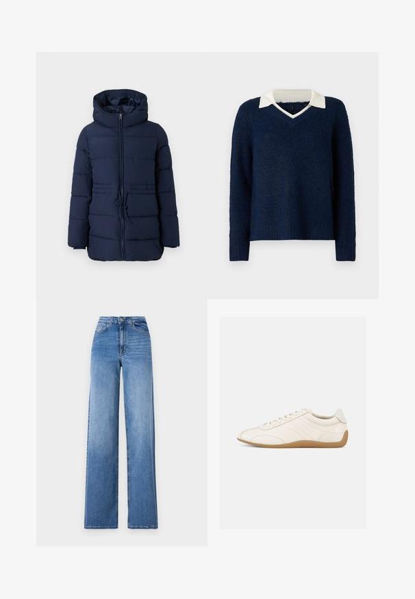 Marineblaues Puffer-Jackett mit hohem Kragen, Frontreißverschluss und verstellbarem Kordelzug in der Taille. Verfügt über gesteppten Bereiche zur Isolierung.; Marineblauer Pullover mit strukturiertem Finish, V-Ausschnitt und kontrastierendem weißen Kragen. Mit langen Ärmeln und lockerer Passform.; Helleblaue, weit geschnittene Jeans aus Denim mit hoher Taille, Vorderaschen und einem normalen Knopfverschluss. Glatte Textur.; Weißer Ledersneaker mit glatter Textur, abgerundetem Zehenbereich und tonalen Nähten. Verfügt über eine braune Gummisohle und eine Schnürverschluss.