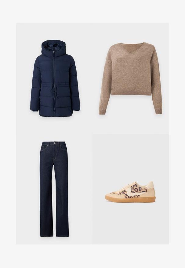 Marineblaues Puffer-Jackett mit hohem Kragen, Frontreißverschluss und verstellbarem Kordelzug in der Taille. Verfügt über gesteppten Bereiche zur Isolierung.; Hellbrauner Strickpullover mit V-Ausschnitt, langen Ärmeln und geripptem Saum. Weiche Textur mit leicht verkürztem Design und ohne sichtbare Muster.; Dunkelblaue Denim-Jeans mit geradem Bein, klassischem Fünf-Taschen-Stil, sichtbaren Nähten und einem Frontknopfverschluss.; Löwenmuster-Sneaker mit beige Wildleder-Obermaterial, tanfarbener Gummisohle und weißen Akzenten. Runde Zehenform und Schnürdesign mit strukturiertem Finish.