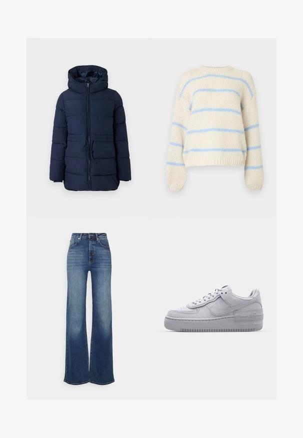 Marineblaues Puffer-Jackett mit hohem Kragen, Frontreißverschluss und verstellbarem Kordelzug in der Taille. Verfügt über gesteppten Bereiche zur Isolierung.; Cremefarbener Strickpullover mit hellblauen horizontalen Streifen sowie gerippten Bündchen, Saum und Ausschnitt, vor weißem Hintergrund präsentiert.; Weite Jeans in mittelblauem Denim. Hoch geschnitten mit glatter Oberfläche, verblasstem Vorderteil und subtilen Stickdetails. Mit einem Knopf am Bund geschlossen.; Graue Nike Air Force 1 Sneaker mit perforierter Zehenpartie, Obermaterial aus glattem Leder, dicker Sohle und geprägtem 'AIR'-Detail an der Ferse.