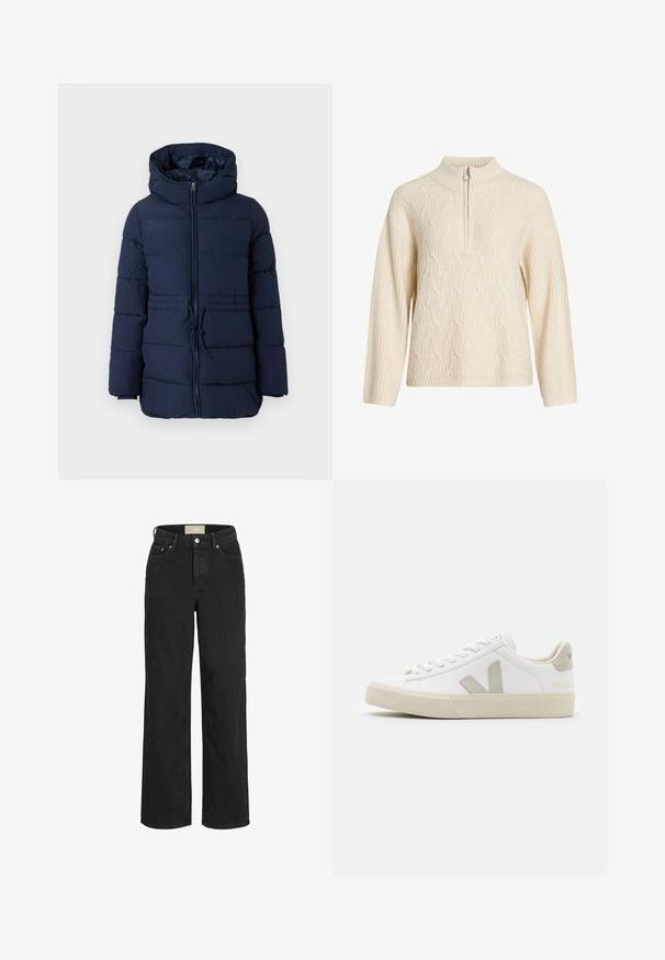 Tumes puffer-jakk kõrge kraega, esisepliga ja reguleeritava drawstringiga vööl. Omab isoleerimiseks tikitud sektsioone.; Kreemikooreline kudumisega pullover, millel on kõrge krae ja poolne tõmblukk; sisaldab tekstuurset nöörmustrit ning ribakraega varrukaid ja allserva.; Mustad kõrge vöökohaga sirged teksapüksid, esiküljel nööp ja tõmblukk, vööaugud ning viie tasku disain.; Valged nahast jooksujalatsid hallide V-logo aktsentidega, tekstureeritud kummist tald, valged paelad ning polsterdatud keeled ja krae.