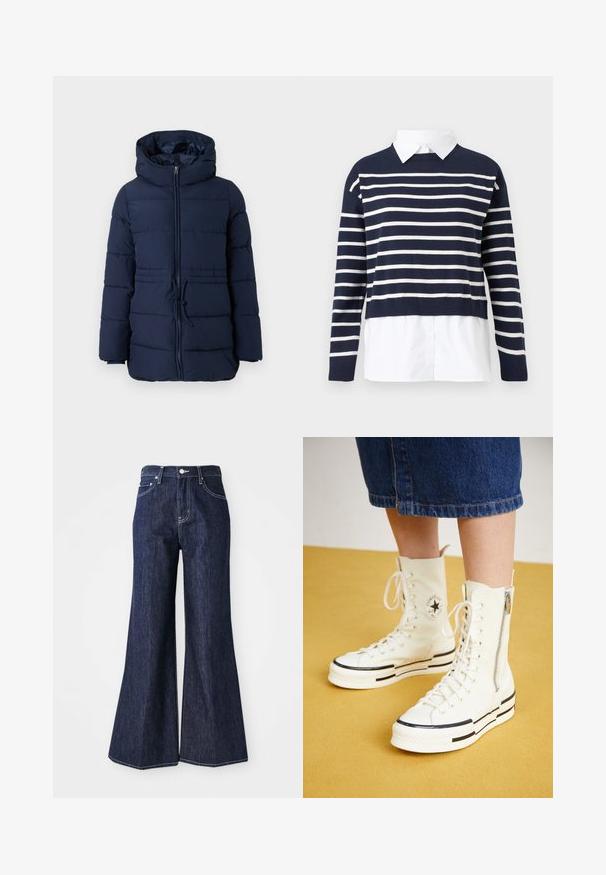 Marineblaues Puffer-Jackett mit hohem Kragen, Frontreißverschluss und verstellbarem Kordelzug in der Taille. Verfügt über gesteppten Bereiche zur Isolierung.; Marineblauer Pullover mit weißen horizontalen Streifen, Rundhalsausschnitt, kurzes Design und einem weißen Hemd mit Kragen darunter. Strukturiertes Strickmaterial.; Dunkelblaue ausgestellte Jeans mit hoher Taille, die eine Knopf- und Reißverschlussöffnung haben. Weiße Nähte und weite Beine schaffen eine strukturierte Silhouette.; Weiße High-Top-Sneaker mit Reißverschluss, Schnürdesign und schwarzen Streifenakzenten auf einer dicken Sohle. Texturiertes Canvas-Material.