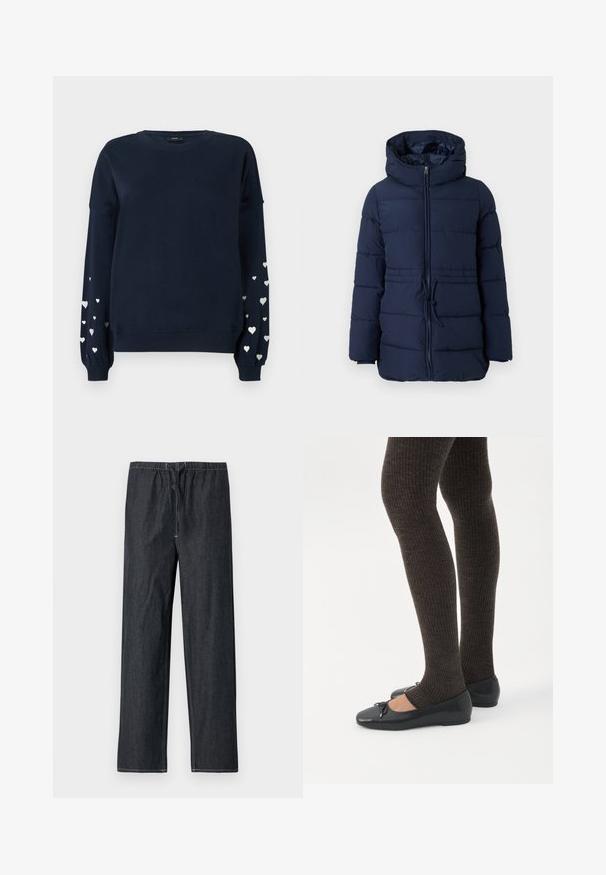 Marine blauw pufferjack met een hoge kraag, rits aan de voorkant en verstelbaar trekkoord in de taille. Beschikt over gewatteerde delen voor isolatie.; Marineblauwe sweatshirt met lange mouwen, voorzien van verspreide zilveren hartpatronen op de mouwen, ribgebreide manchetten en ronde halslijn.; Donkere spijkerbroek met een elastische tailleband en een trekkoord, uitgevoerd met een rechte pijp en contrasterende stiksels.; Benen met donkere geribbelde leggings gecombineerd met zwarte ballerina's met kleine strikdetails op een witte achtergrond.