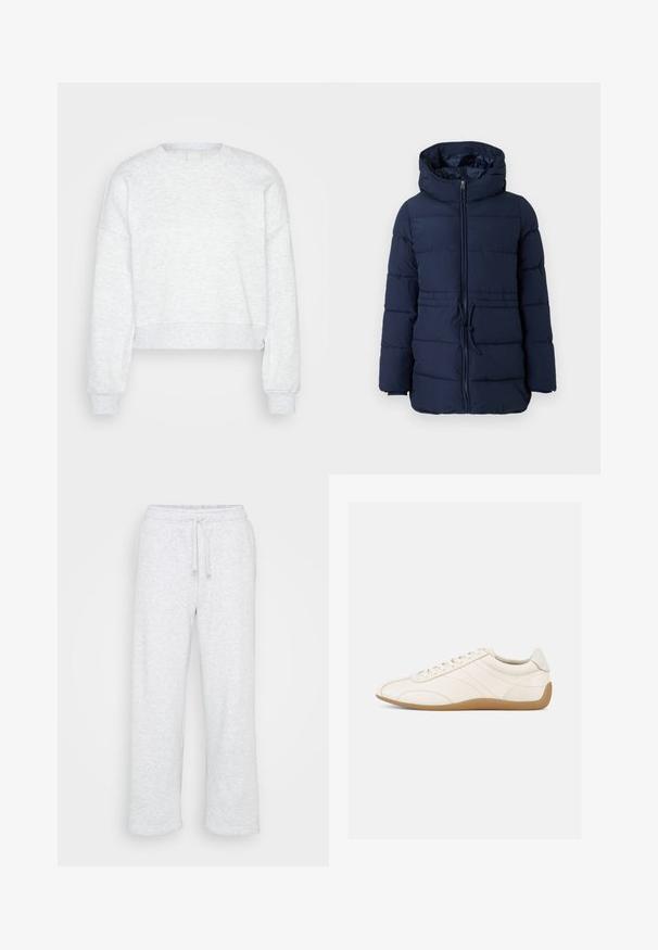 Marine blauw pufferjack met een hoge kraag, rits aan de voorkant en verstelbaar trekkoord in de taille. Beschikt over gewatteerde delen voor isolatie.; Lichtgrijze, lange mouwen cropped sweatshirt met ribgebreide manchetten en hoge ronde hals, weergegeven op een effen lichte achtergrond.; Lichtgrijze katoenen trainingsbroeken met een elastische tailleband en een trekkoord, rechte pijpen, zonder zichtbare logo's of patronen.; Witte leren sneaker met een gladde textuur, ronde neus en tonale stiksels. Voorzien van een tankleurige rubberen zool en vetersluiting.