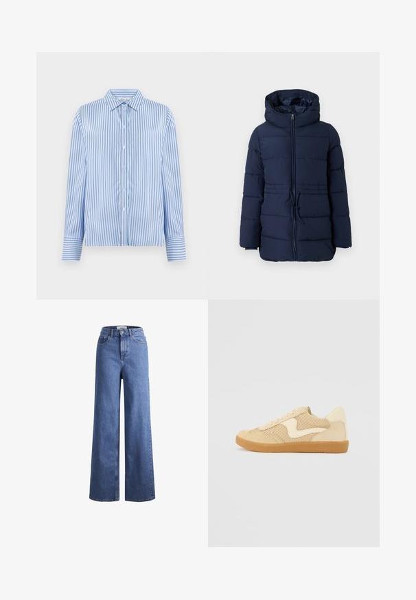 Marineblaues Puffer-Jackett mit hohem Kragen, Frontreißverschluss und verstellbarem Kordelzug in der Taille. Verfügt über gesteppten Bereiche zur Isolierung.; Hemd in Hellblau mit weißen vertikalen Streifen. Verfügt über einen Kragen und lange Ärmel mit Knopfmanschetten. Glatte Textur.; Helleblaue Denim-Weite-Leg-Jeans mit hoher Taille, zwei vorderen Taschen und sichtbarer Naht. Mit Knopf- und Reißverschluss.; Beige Sneaker aus Wildleder und Mesh-Materialien, runde Form, auffälliger gepolsterter Kragen und eine Sohle aus Gummi. Verfügt über ein wellenförmiges Design-Highlight.