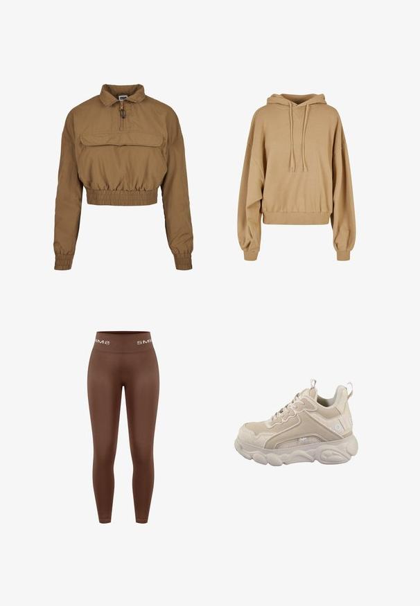 Brun cropped jakke lavet af letvægtsmateriale, med ståkrave, lynlås foran, lomme og elastisk kant og manchetter.; Beige oversized hoodie med snoretræk i hætten, brede ærmer og ribbet kant. Blødt stof med en glat tekstur og minimal detaljering.; Brune leggings med høj talje og glat tekstur, med en strikket linning med "SMIMS"-logo i hvid, tætsiddende design, fuld længde.; Beige sneakers med en kombination af glat læder og strukturerede paneler, med en polstret sål, snørebånd og en brandingdetalje på siden.
