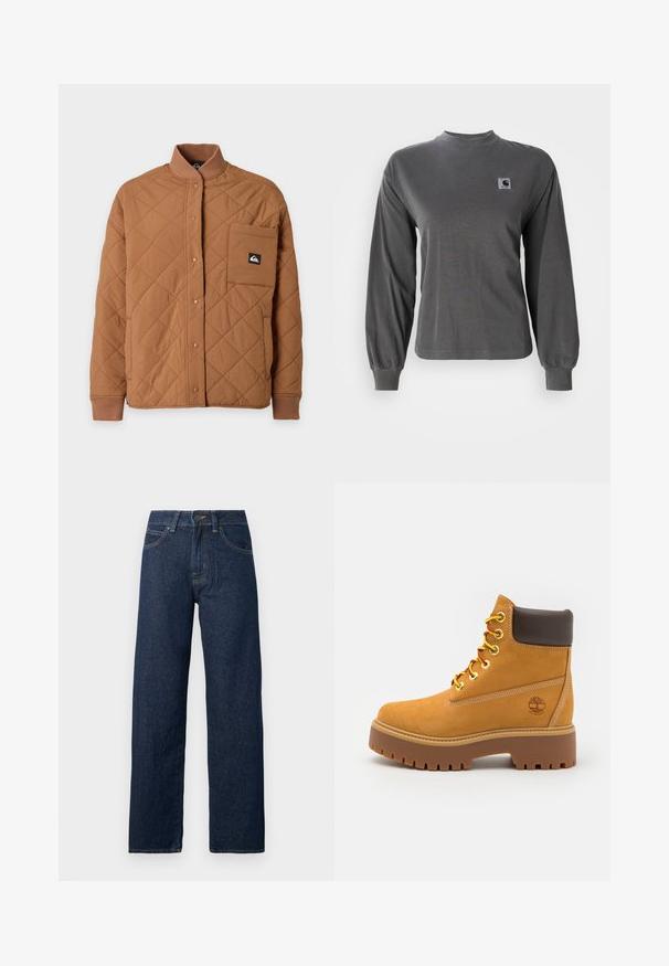 Bruine doorgestikte jas met drukknopen, geribbelde kraag en manchetten, en een grote zak met een zwarte logo-patch op de linkerborst.; Grijs T-shirt met lange mouwen van katoen, met een ronde hals en elastische manchetten, voorzien van een klein vierkant logo op de borst.; Donkerblauwe rechte spijkerbroek met knopen aan de voorkant, ritssluiting en een vijfzakkenontwerp op een witte achtergrond.; Tan waterdichte enkelboot met een stevige rubberen zool, ronde neus, bruine leren kraag, gele veters en een logo aan de zijkant.
