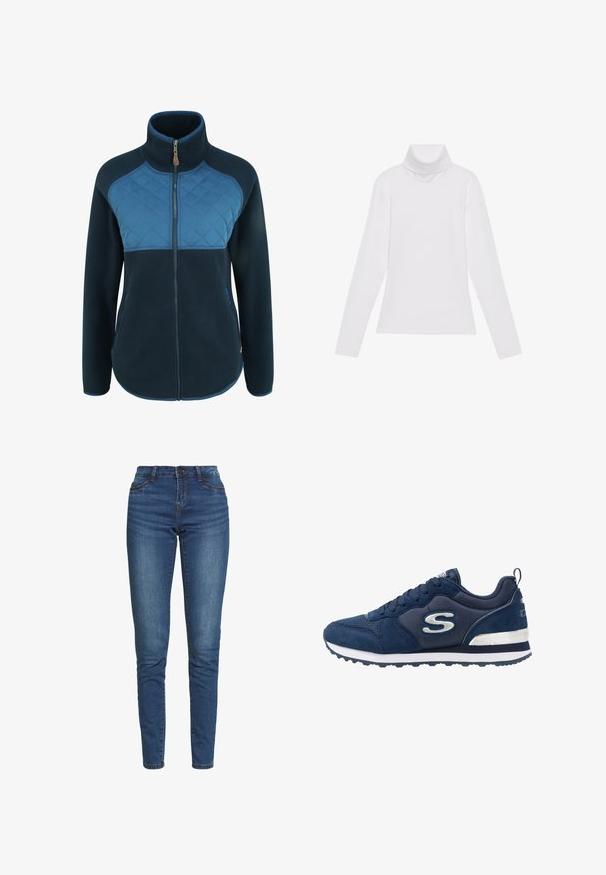 Fleece bunda v tmavom námorníku s prešívanou svetlomodrou vrchnou časťou. Obsahuje vysoký golier, zips na prednej strane a bočné vrecká. Hladká textúra.; Biely dlhý rukáv v štýle roláka vyrobený z hladkej, elastickej tkaniny. Má vysoký golier a priliehavý strih, bez viditeľných vzorov alebo ozdôb.; Chudé džínsy v tmavomodrom denime s vysokým pásom, piatimi vreckami a jemnými detailmi prešívania pozdĺž švov.; Námornícky modré športové topánky zo semišového a sieťovinového materiálu s výrazným strieborným logom, štruktúrovaným zvrškom a bielou medzipodrážkou.