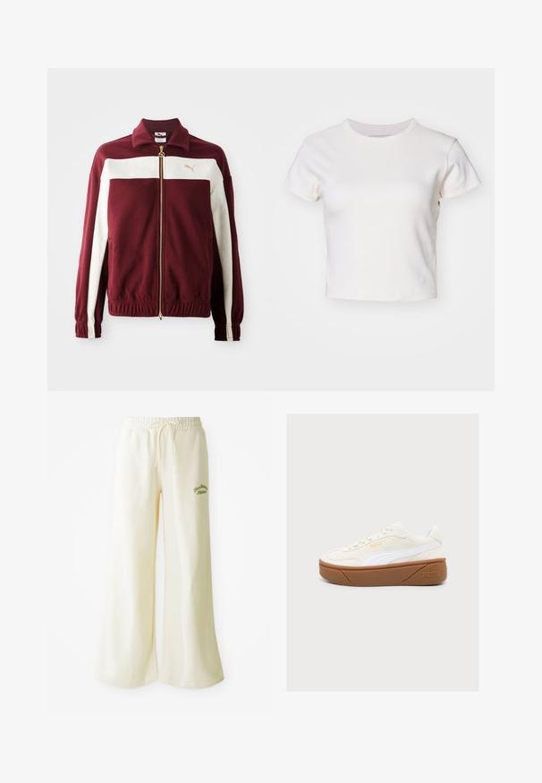 Chaqueta burdeos con cremallera y franjas blancas en las mangas, cremallera dorada y logo en el pecho. Puños y cinturilla acanalados con tejido texturizado.; Denim Project DPMDPWRIBBED CROPPED T-SHIRT - Camiseta básica - jet stream; Pantalones de chándal anchos color crema con cintura elástica y cordón ajustable. Texto bordado en verde "Athletic" en la parte frontal. Tejido suave.; Zapatilla blanca Puma con suela gruesa marrón y raya lateral blanca, mostrada sobre un fondo claro y liso, vista lateral con cordones visibles.