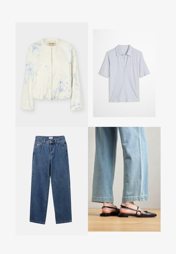 Veste crème à fermeture éclair avec motif floral bleu clair, col rond et manches longues, étiquetée "Mos Mosh."; Chemise bleu clair à manches courtes avec boutons, col pointu et taille cintrée, présentée sur un fond blanc.; Jean en denim bleu classique avec une coupe droite, cinq poches et une fermeture par bouton. Présente un lavage moyen et une texture robuste.; Chaussures slingback en cuir noir avec un bout pointu, un talon plat et une bride à la cheville ; portées avec un jean large bleu clair.