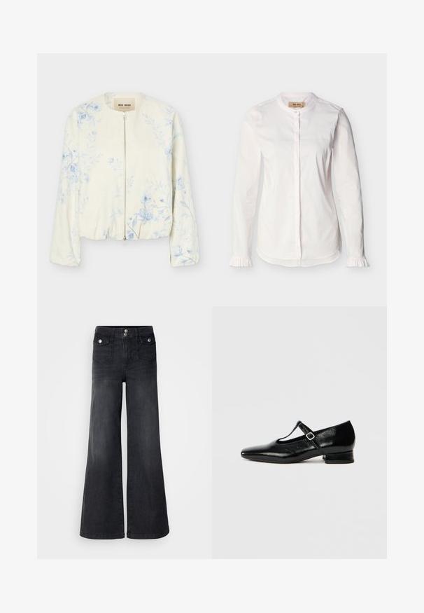 Veste crème à fermeture éclair avec motif floral bleu clair, col rond et manches longues, étiquetée "Mos Mosh."; Blouse blanche à manches longues avec col mao, patte de boutonnage dissimulée, fines rayures verticales et poignets à volants, présentée sur un fond uni.; Jean large en denim noir avec taille haute, boutons sur le devant et deux poches avant ; texture lisse avec une légère finition décolorée.; Chaussures Mary Jane en cuir noir avec bout pointu, petit talon carré et bride ajustable avec une boucle argentée. Texture lisse et brillante.