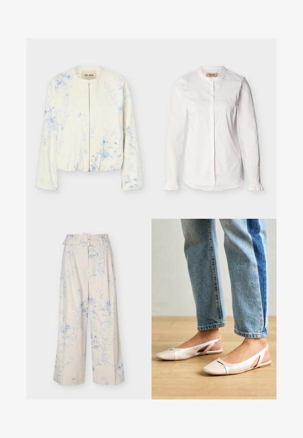 Veste crème à fermeture éclair avec motif floral bleu clair, col rond et manches longues, étiquetée "Mos Mosh."; Blouse blanche à manches longues avec col mao, patte de boutonnage dissimulée, fines rayures verticales et poignets à volants, présentée sur un fond uni.; Pantalon crème à jambes larges avec imprimé floral bleu clair et ceinture en tissu assortie avec boucle rectangulaire.; Ballerines slingback rose pâle avec un bout pointu, fabriquées en un matériau semblable au cuir lisse. Présentent des découpes sur les côtés et un talon plat.