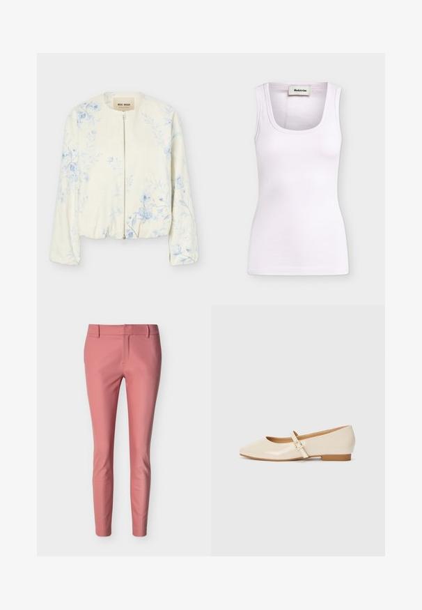 Veste crème à fermeture éclair avec motif floral bleu clair, col rond et manches longues, étiquetée "Mos Mosh."; Débardeur blanc côtelé sans manches avec encolure arrondie et étiquette Modström à l'intérieur du col, présenté sur un fond uni.; Pantalon slim longueur cheville en rose doux avec passants pour ceinture et une fermeture avant cachée.; Ballerines en cuir verni beige avec un embout carré, un petit talon et une bride ajustable à la cheville avec une boucle dorée.
