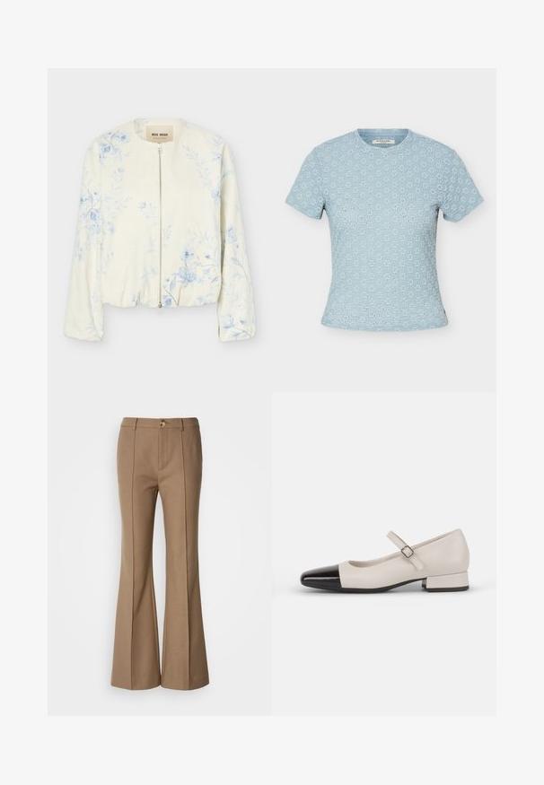Veste crème à fermeture éclair avec motif floral bleu clair, col rond et manches longues, étiquetée "Mos Mosh."; Top en dentelle texturée bleu clair à manches courtes avec motif floral et col rond, étiquette de marque Scotch & Soda à l’intérieur du col.; Pantalons évasés marron avec une texture lisse, dotés d'une fermeture à bouton sur le devant et de coutures verticales pour une meilleure structure.; Chaussure de style Mary Jane en cuir crème avec un bout en vernis noir. Présente un bout rond, une sangle de cheville avec une boucle carrée et un petit talon carré.