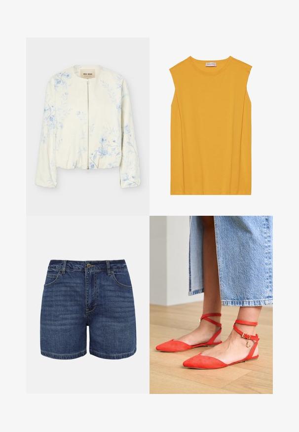 Veste crème à fermeture éclair avec motif floral bleu clair, col rond et manches longues, étiquetée "Mos Mosh."; Haut sans manches jaune en coton doux, avec un col rond et une coupe droite, agrémenté de coutures discrètes le long des bords.; Shorts en denim bleu foncé avec bouton frontal, fermeture éclair, passants pour ceinture et poches avant, présentés sur un fond blanc.; Ballerines en daim rouge à bout pointu et bandes de cheville, ornées d'une boucle en or et d'un charm en forme de croissant de lune, sur un sol en bois.