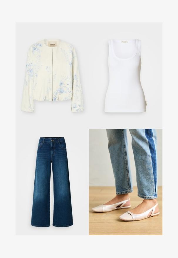 Crèmekleurig vestje met ritssluiting, lichtblauw bloemenpatroon, ronde halslijn en lange mouwen, met label "Mos Mosh."; Witte geribbelde tanktop met een ronde halslijn en brede schouderbanden. Voorzien van een logolabel aan de zijkant van de zoom. Gemaakt van zachte, rekbare stof.; Wijde jeans van donkerblauwe denim. Heeft een hoge taille, knoopsluiting en klassiek vijf-vakken ontwerp met subtiele vervaging.; Zachtroze slingback ballerina's met een spitse neus, gemaakt van een glad leerachtig materiaal. Bevat uitsnijdingen aan de zijkanten en heeft een platte hak.