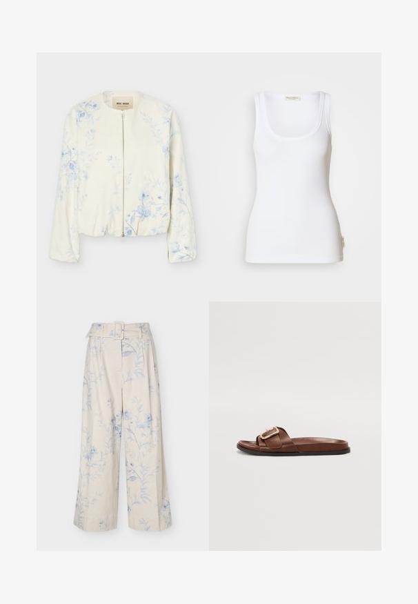 Veste crème à fermeture éclair avec motif floral bleu clair, col rond et manches longues, étiquetée "Mos Mosh."; Débardeur blanc côtelé avec un col rond dégagé et des bretelles larges. Présente une étiquette logo sur l'ourlet latéral. Confectionné en tissu doux et extensible.; Pantalon crème à jambes larges avec imprimé floral bleu clair et ceinture en tissu assortie avec boucle rectangulaire.; Sandale en cuir marron avec une large bande ornée d'une boucle dorée, semelle plate et texture lisse.