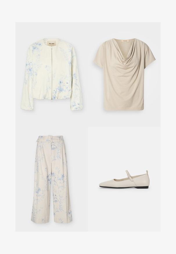 Veste crème à fermeture éclair avec motif floral bleu clair, col rond et manches longues, étiquetée "Mos Mosh."; Top beige à manches courtes avec un col drapé. Tissu doux et léger avec une texture lisse et une coupe décontractée. Étiquette visible au niveau du col.; Pantalon crème à jambes larges avec imprimé floral bleu clair et ceinture en tissu assortie avec boucle rectangulaire.; Ballerines en cuir blanc avec bout pointu, bride à la cheville et petit talon noir. Texture lisse avec des accents minimaux.