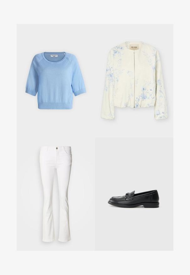 Veste crème à fermeture éclair avec motif floral bleu clair, col rond et manches longues, étiquetée "Mos Mosh."; Pull bleu clair à manches courtes avec encolure ronde et poignets et ourlet côtelés, étiqueté Marc O'Polo Denim.; Jean blanc évasé avec cinq poches, fermeture bouton et zip, et coutures apparentes. Fabriqué en tissu denim, texture lisse.; Mocassins en cuir noir avec un bout arrondi, un design cousu et un accent en nœud sur la tige. Talon bas et texture lisse.