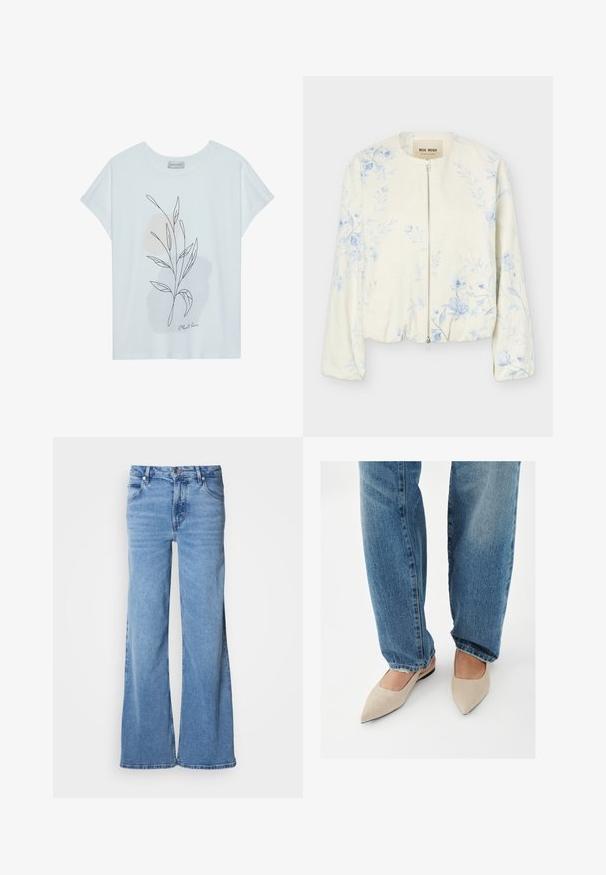 Cream-colored zip-up jacket with light blue floral pattern, round neckline, and long sleeves, labeled "Mos Mosh."; White short-sleeved T-shirt with a leaf outline design in black and soft beige abstract shapes. "Plant love" text at the bottom.; Light blue wide-leg jeans made of denim. Features a classic five-pocket design and a visible button fly. Soft texture and unembellished finish.; Person wearing blue jeans and beige pointed flat shoes standing on a white floor.