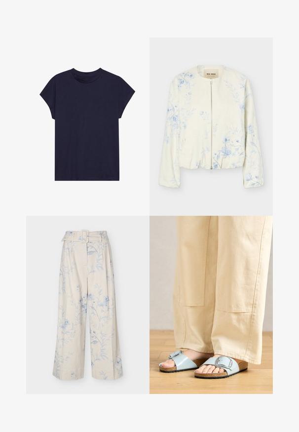 Veste crème à fermeture éclair avec motif floral bleu clair, col rond et manches longues, étiquetée "Mos Mosh."; T-shirt en coton bleu marine à col rond et manches courtes, avec une coupe décontractée et une texture lisse. Pas de motifs ni d'accents.; Pantalon crème à jambes larges avec imprimé floral bleu clair et ceinture en tissu assortie avec boucle rectangulaire.; Sandales en plastique bleu clair avec une large lanière et une boucle en argent, dotées d'une semelle en liège texturée et d'une semelle extérieure en caoutchouc noir.
