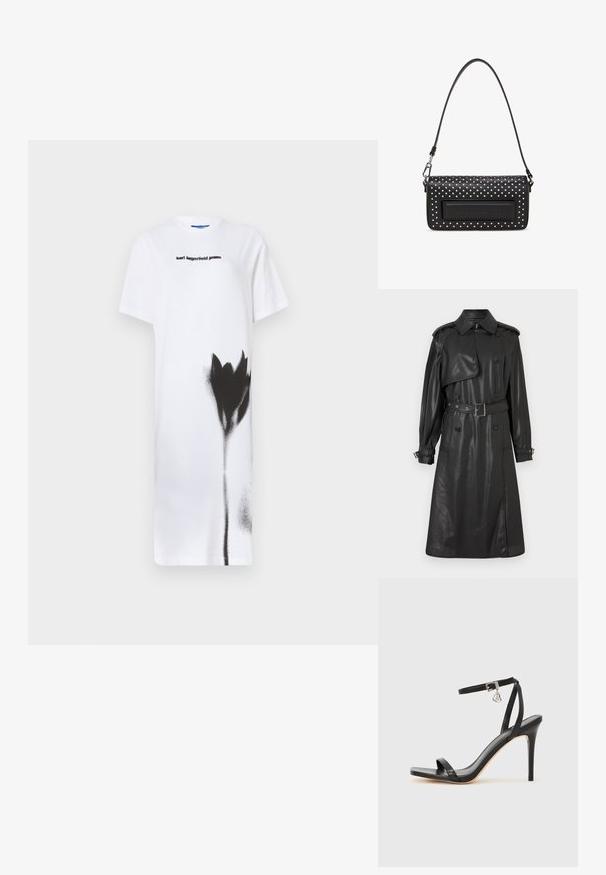 Zwarte, geperforeerde leren trenchcoat met een ceintuur in de taille, dubbele knopen en een klassieke kraag; heeft lange mouwen en een zijsplit.; Witte t-shirt jurk met een zwart spray-geverfd bloemenontwerp. Weergegeven logo "karl lagerfeld jeans" in zwart, ronde halslijn, korte mouwen.; Zwarte sandaal met hoge hak, smalle enkelband, vierkante neus, soepel leermateriaal en metalen gespsluiting.; Zwarte leren handtas met een gestructureerd oppervlak, versierd met witte studs, met een vlak paneel met een reliëflogo en een slanke schouderband.