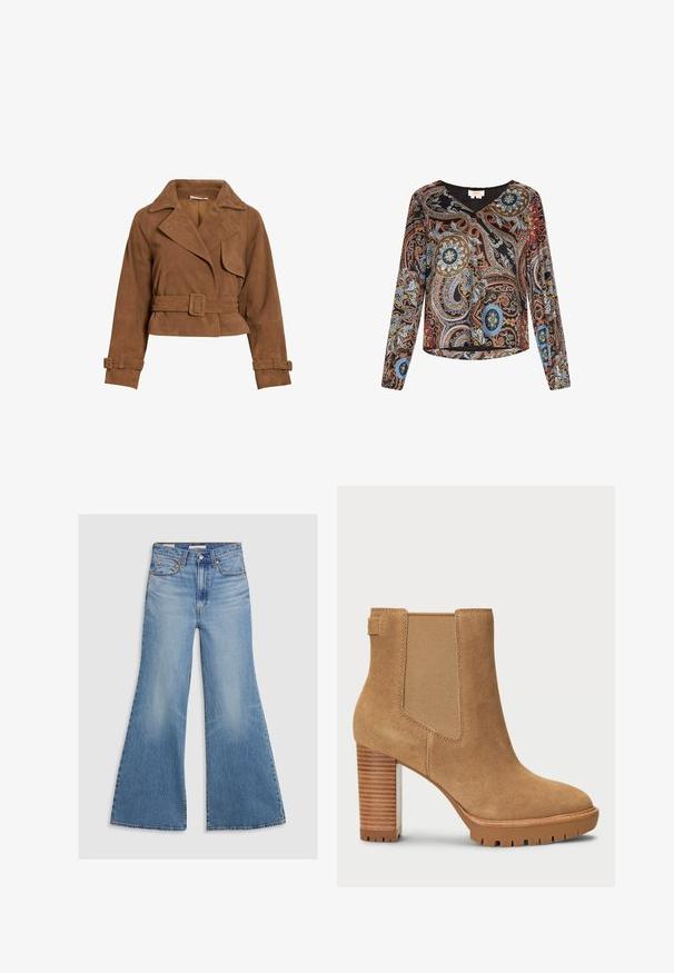 Kort bruine suède jas met brede kraag, ceintuur in de taille en verstelbare gespbandjes aan de mouwen tegen een witte achtergrond.; Langsleeve V-hals blouse in zwart met een paisley patroon waarin blauwe, oranje en groene accenten zijn verwerkt. Soepele textuur, relaxte pasvorm.; Licht gewassen denim flared jeans met een hoge taille, voorzakken en bronzen hardware. De stof heeft een vervaagde textuur met een gladde afwerking.; Tané suède enkelboot met een blokhak, elastische zijkant en rubberen zool met een profielpatroon voor grip.