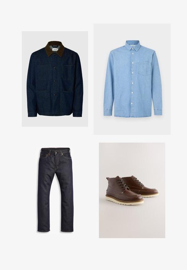 Dunkelblaue Jeansjacke mit braunem Cordkragen, Knopfleiste vorne und drei aufgesetzten Taschen.; Hellblaues Denim-Hemd mit langen Ärmeln, einer Brusttasche, Knopfleiste und klassischem Kragen vor weißem Hintergrund.; Dunkelblaue Jeans aus Denim mit geradem Schnitt, Fünf-Taschen-Design, metallischen Komponenten und kontrastierenden orangen Nähten. Glatte Textur, keine sichtbaren Muster.; Braune Lederstiefel mit Schnürdesign, weißen Nähten und einer kontrastierenden Sohle. Verfügt über eine abgerundete Spitze und knöchelhohe Form.
