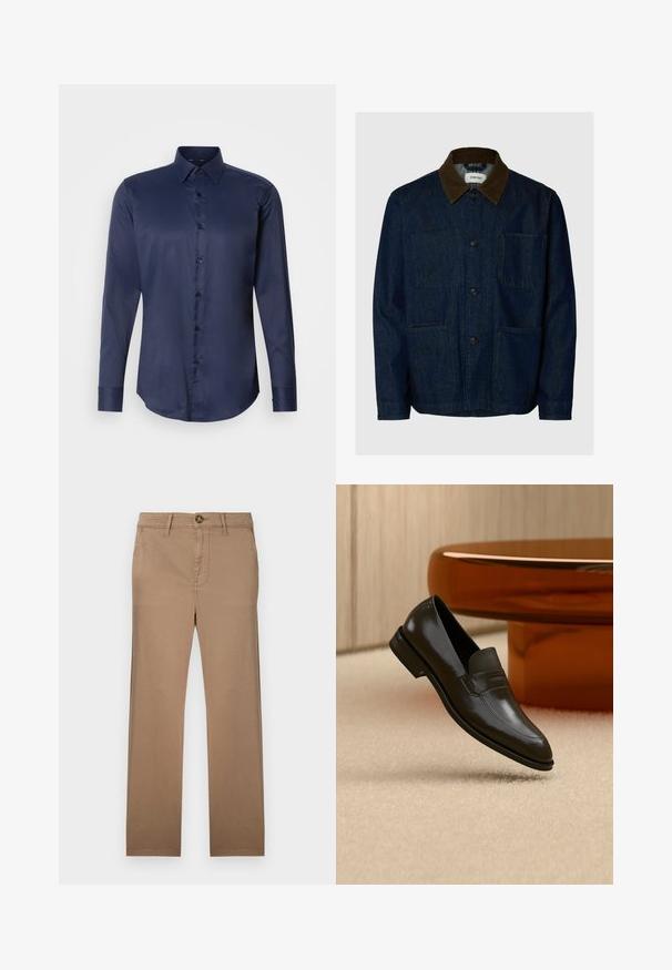 Chaqueta de mezclilla azul oscuro con cuello de pana marrón, cierre frontal con botones y tres bolsillos parche.; Camisa de vestir de manga larga para hombre en azul marino, con cuello puntiagudo y cierre frontal de botones, presentada sobre un fondo blanco liso.; Chinos caqui con un diseño de pierna recta, confeccionados en suave tela de algodón, con un cierre de un botón y pasadores para cinturón.; Mocasín de cuero negro con un diseño elegante, que presenta una banda texturizada y un acabado suave. Colocado sobre un fondo claro y suave.
