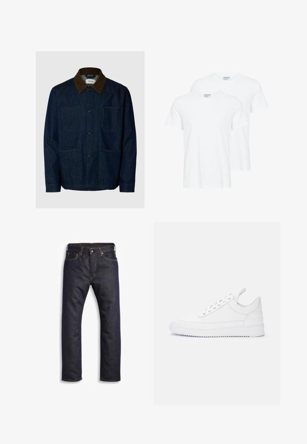 Dunkelblaue Jeansjacke mit braunem Cordkragen, Knopfleiste vorne und drei aufgesetzten Taschen.; Zwei einfarbige weiße T-Shirts mit kurzen Ärmeln und Rundhalsausschnitt, die sich auf einem weißen Hintergrund überlappen.; Dunkelblaue Jeans aus Denim mit geradem Schnitt, Fünf-Taschen-Design, metallischen Komponenten und kontrastierenden orangen Nähten. Glatte Textur, keine sichtbaren Muster.; Weißer Sneaker mit niedrigem Schaft, Schnürverschluss, abgesteppten Details, Zuglasche an der Ferse und profillierter Sohle vor einfachem hellem Hintergrund.