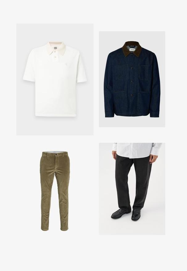 Mørkeblå denimjakke med brun fløjlskrave, knaplukning foran og tre påsatte lommer.; Hvid polo med korte ærmer, beige krave, to knapper, tekstureret stof og lille broderet logo på brystet.; Oliven grønne kordfløjelbukser med ribbet tekstur, tætsiddende pasform og standard fem-lommekonstruktion. Har en knaplukning og bæltestropper.; Sorte denimbukser parret med skinnende sorte loafers. Skjorten er hvid med tynde lodrette striber, har lange ærmer og en knapkrave.