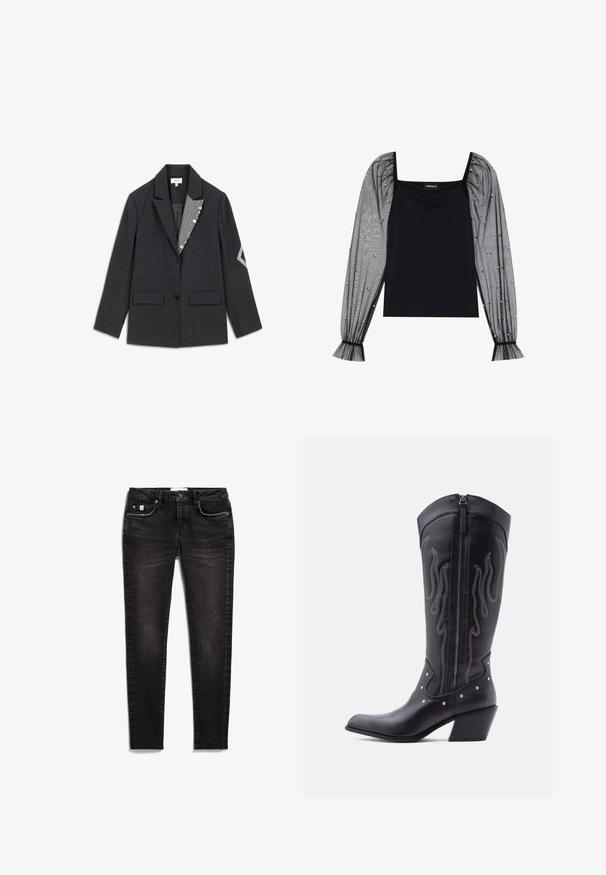 Donkergrijze blazer met pinstripes, voorzien van twee knopen, klepzakken en een contrasterende grijze pinstriped binnenlapel detail vastgezet met metalen clips.; Even&Odd Longsleeve - black; Zwarte skinny jeans van denim met een klassiek vijf-pocket ontwerp, voorzien van subtiele wassing en contrasterende stiksels. Duurzaam, rekbaar materiaal.; Zwarte leren cowboylaarzen met een puntige neus, zichtbare stiksels, zilveren studaccenten en een ritssluiting aan de binnenkant.