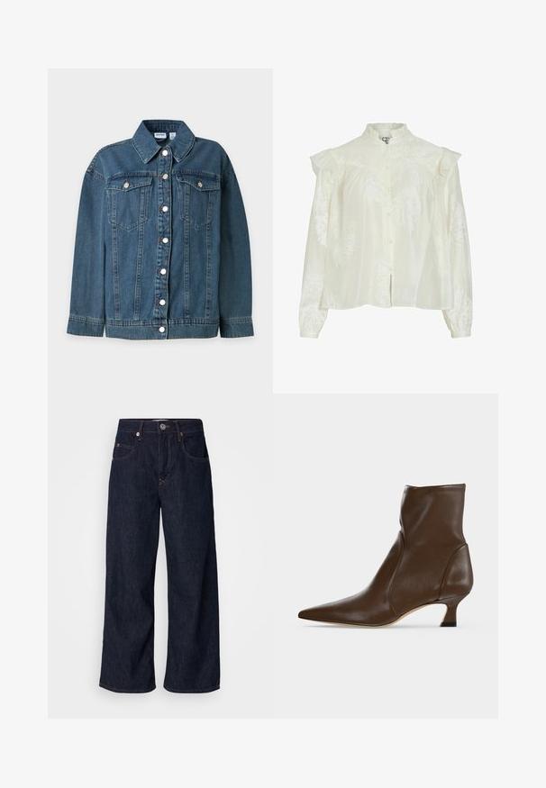 Blå denim jakke med lange ærmer, krave, foran knaplukning og to brystlommer med knaplukning.; Hvid bluse med høj krave, broderede blomster mønstre, knaplukning foran og puffede skuldre. Lavet af et let, struktureret stof.; Bredde denimjeans i mørkeblå, med høj talje, to forlommer, knaplukning og kontrasterende syninger.; Brun læderankelstøvle med spids tå og lav buet hæl på en lys baggrund.