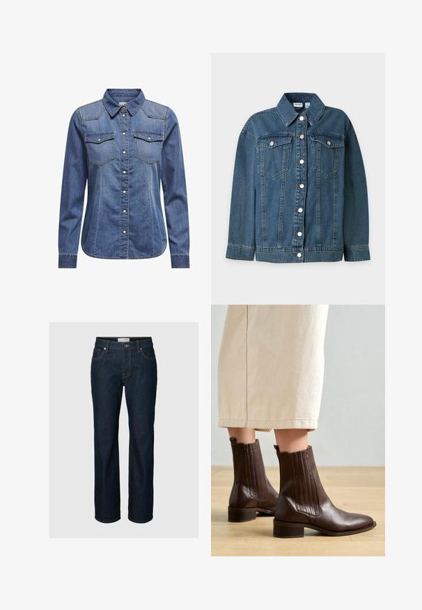 Blå denim jakke med lange ærmer, krave, foran knaplukning og to brystlommer med knaplukning.; Denimskjorte i mørkeblå, med krave, lange ærmer, dobbelt brystlomme og kontrasterende syninger.; Mørkeblå straight-leg jeans med fem lommer, knaplukning og kontrastsyning, vist på en ensfarvet baggrund.; Pavement SHANI - Støvletter - brown